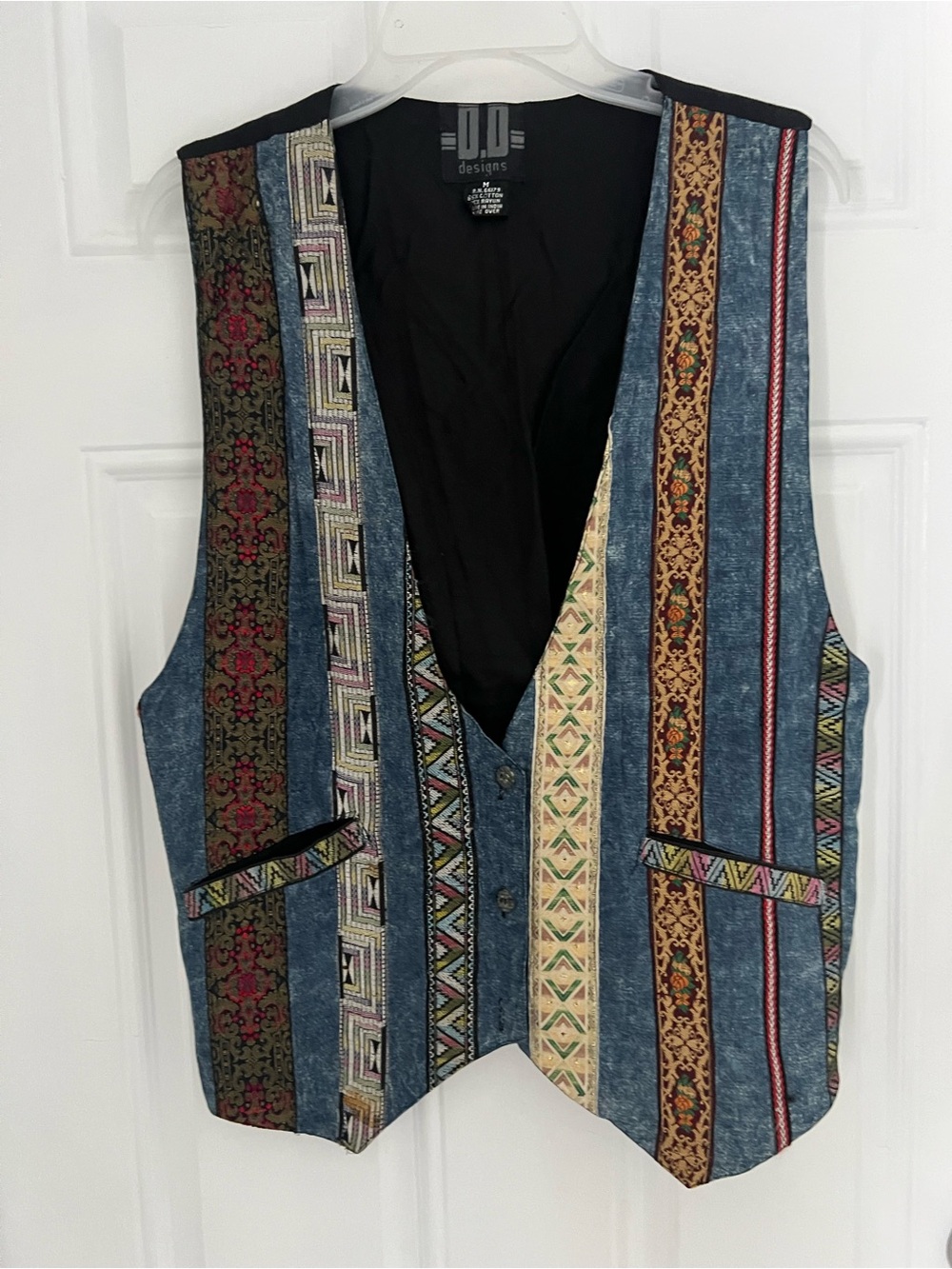 D.D. Designs Vest Womens Med Blue Denim Tapestry Metallic Retro Boho Vintage 676